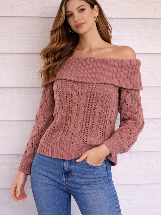 moon & madison Sweaters - Anthropologie Moon & Madison Dusty Rose Off Shoulder Chunky Knit Sweater XS